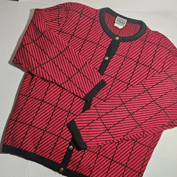 Womens L Made In USA 100% Acrylic Sweater Button Front Cardigan Vintage Red Blk - Picture 5 of 8